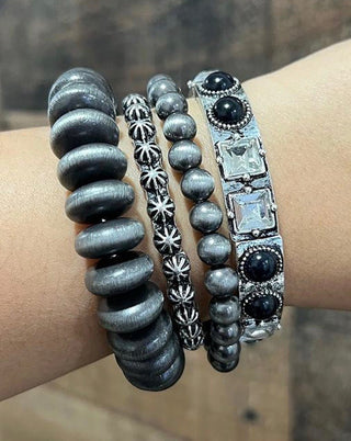 Black Stone & Silver Navajo Pearl Western Bracelet Stack | Cowgirl Stretch Set Of 4 - Barbwire n Bougie Boutique