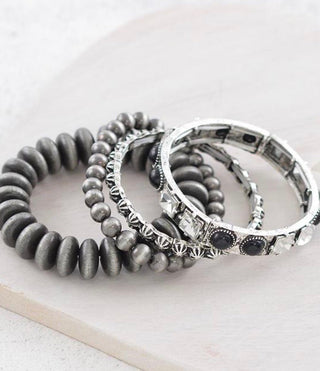 Black Stone & Silver Navajo Pearl Western Bracelet Stack | Cowgirl Stretch Set Of 4 - Barbwire n Bougie Boutique