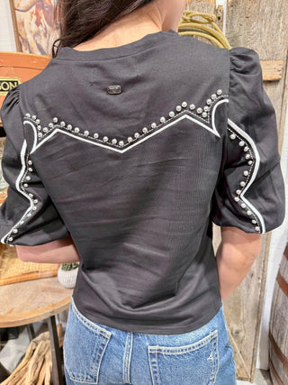 Black Studded Western Puff Sleeve Top - Barbwire n Bougie Boutique