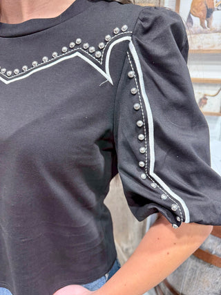 Black Studded Western Puff Sleeve Top - Barbwire n Bougie Boutique