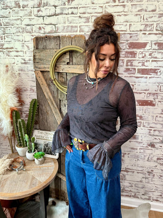 Black Tooled Leather Mesh Bell Sleeve Top - Barbwire n Bougie Boutique