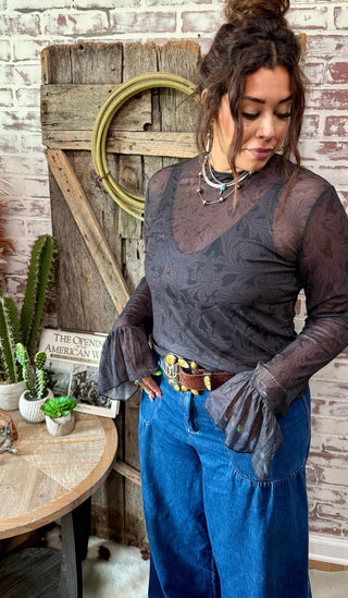 Black Tooled Leather Mesh Bell Sleeve Top - Barbwire n Bougie Boutique