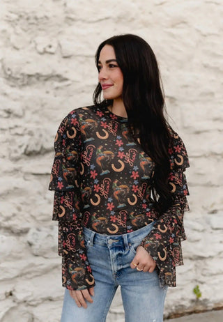 Black Western Cowboy Print Mesh Top for Women – Yee Haw Horseshoe Shirt, Ruffle Sleeve Cowgirl Boutique Blouse - Barbwire n Bougie Boutique