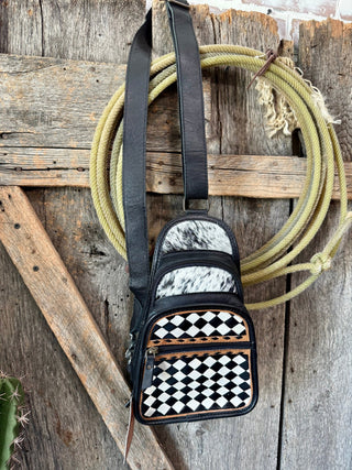 Black & White Checkered Leather Backpack Sling Bag – Western Cowhide Crossbody - Barbwire n Bougie Boutique