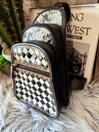 Black & White Checkered Leather Backpack Sling Bag – Western Cowhide Crossbody - Barbwire n Bougie Boutique