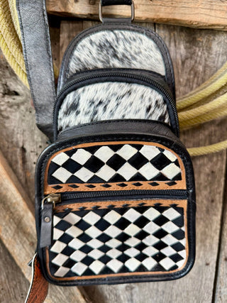 Black & White Checkered Leather Backpack Sling Bag – Western Cowhide Crossbody - Barbwire n Bougie Boutique