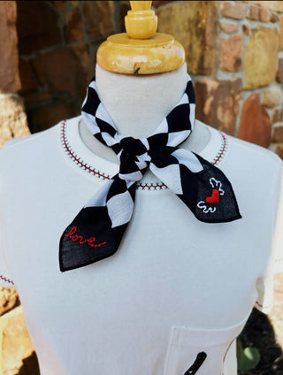 Black & White Checkered Wild Rag with Embroidered Love & Heart Detail - Barbwire n Bougie Boutique