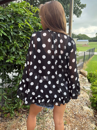 Black & White Polka Dot Chiffon Bow Tie Blouse | Flowy Ruffle High Low Hem Top - Barbwire n Bougie Boutique