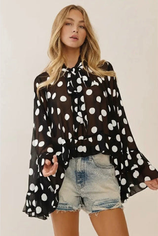 Black & White Polka Dot Chiffon Bow Tie Blouse | Flowy Ruffle High Low Hem Top - Barbwire n Bougie Boutique