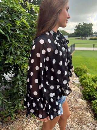 Black & White Polka Dot Chiffon Bow Tie Blouse | Flowy Ruffle High Low Hem Top - Barbwire n Bougie Boutique