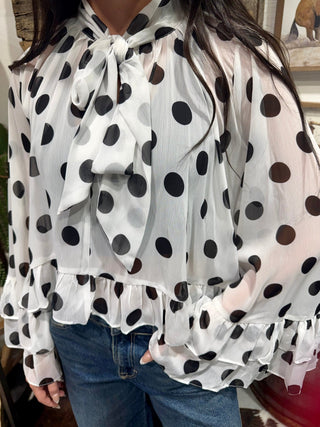 Black & White Polka Dot Ruffle Hi Low Sheer Blouse - Barbwire n Bougie Boutique