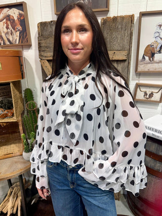 Black & White Polka Dot Ruffle Hi Low Sheer Blouse - Barbwire n Bougie Boutique