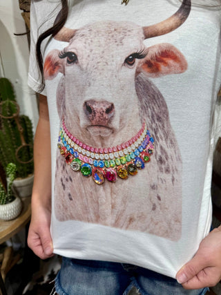 Bling Bling Bull Graphic Tee for Women – Western Cowgirl Brahman Bull Shirt with Colorful Rhinestone Necklace Design - Barbwire n Bougie Boutique