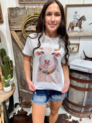 Bling Bling Bull Graphic Tee for Women – Western Cowgirl Brahman Bull Shirt with Colorful Rhinestone Necklace Design - Barbwire n Bougie Boutique