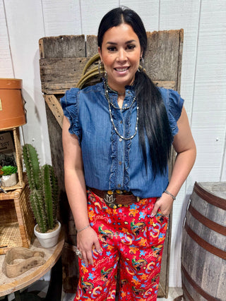 Blue Denim Chambray Ruffle Button Up Top - Barbwire n Bougie Boutique