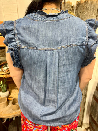 Blue Denim Chambray Ruffle Button Up Top - Barbwire n Bougie Boutique