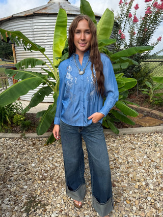 Blue Horse Lace Button-Up Blouse | Western Chambray Embroidered Top - Barbwire n Bougie Boutique