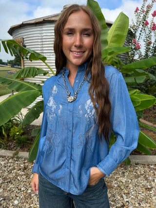 Blue Horse Lace Button-Up Blouse | Western Chambray Embroidered Top - Barbwire n Bougie Boutique