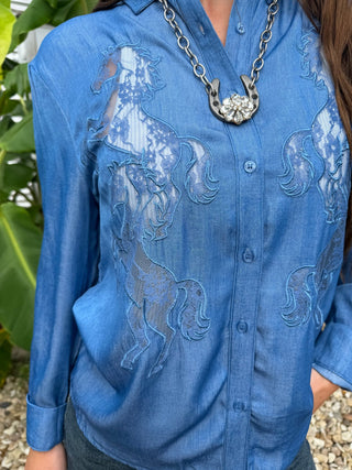 Blue Horse Lace Button-Up Blouse | Western Chambray Embroidered Top - Barbwire n Bougie Boutique