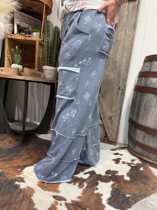 Blue Western Sketch Print Wide Leg Pants | Cowgirl Lounge Style- Final Sale - Barbwire n Bougie Boutique