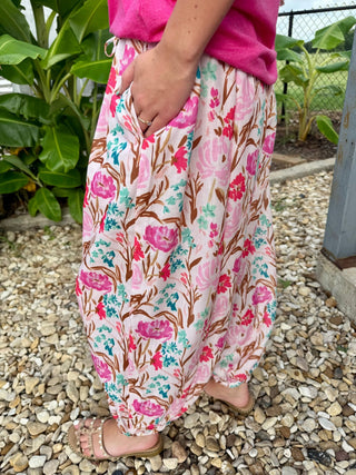 Blush Bloom Floral Balloon Pants | Boho Wide Leg Elastic Waist Pants - Barbwire n Bougie Boutique