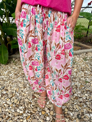 Blush Bloom Floral Balloon Pants | Boho Wide Leg Elastic Waist Pants - Barbwire n Bougie Boutique