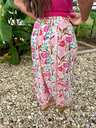Blush Bloom Floral Balloon Pants | Boho Wide Leg Elastic Waist Pants - Barbwire n Bougie Boutique