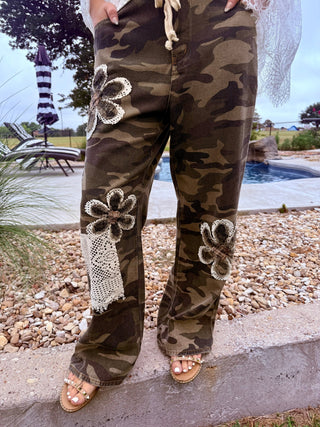 Boho Camo Flower Applique Wide Leg Patchwork Pants-Sm-3X - Barbwire n Bougie Boutique