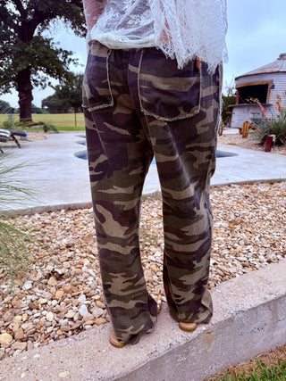 Boho Camo Flower Applique Wide Leg Patchwork Pants-Sm-3X - Barbwire n Bougie Boutique