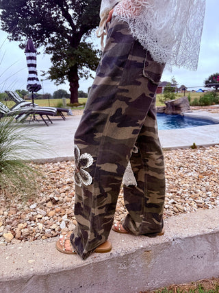 Boho Camo Flower Applique Wide Leg Patchwork Pants-Sm-3X - Barbwire n Bougie Boutique