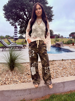 Boho Camo Flower Applique Wide Leg Patchwork Pants-Sm-3X - Barbwire n Bougie Boutique