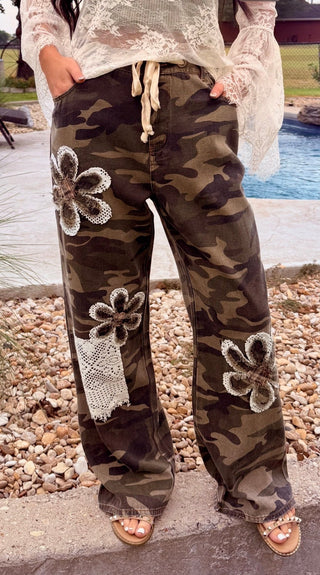 Boho Camo Flower Applique Wide Leg Patchwork Pants-Sm-3X - Barbwire n Bougie Boutique