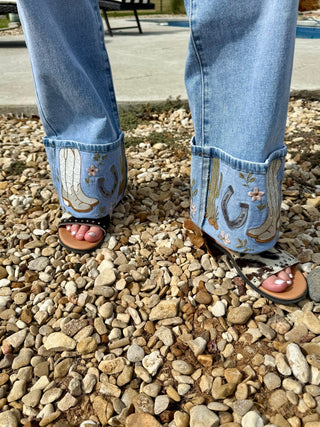 Boot Scootin’ Embroidered Cuff Wide Leg Jeans - Barbwire n Bougie Boutique