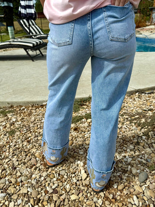 Boot Scootin’ Embroidered Cuff Wide Leg Jeans - Barbwire n Bougie Boutique