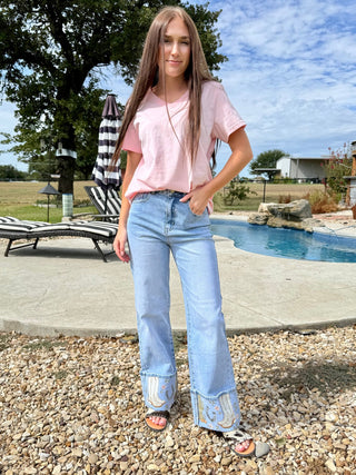 Boot Scootin’ Embroidered Cuff Wide Leg Jeans - Barbwire n Bougie Boutique