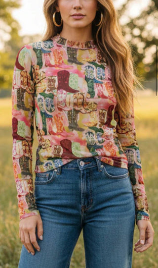 Boot Scootin’ Mesh Top | Western Cowboy Boot Print Long Sleeve Top - Barbwire n Bougie Boutique