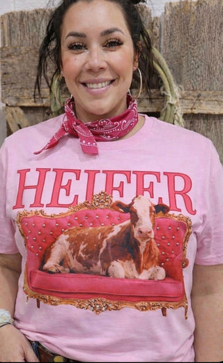Bougee Heifer Graphic Western Tee with Swarovski Crystals – Pink Cowgirl Statement Shirt - Barbwire n Bougie Boutique