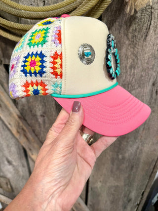 Bougie Turquoise Naja Granny Square Crochet Trucker Hat - Barbwire n Bougie Boutique