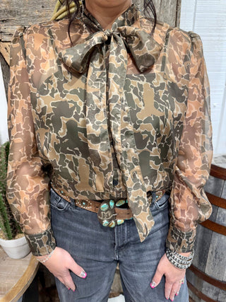 Bow Up Sheer Camo Bow Tie Top by 2 Fly Co - Barbwire n Bougie Boutique