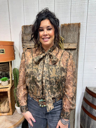 Bow Up Sheer Camo Bow Tie Top by 2 Fly Co - Barbwire n Bougie Boutique