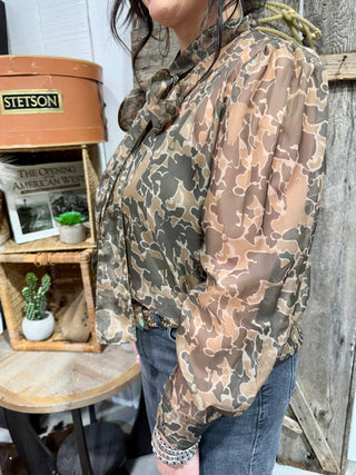 Bow Up Sheer Camo Bow Tie Top by 2 Fly Co - Barbwire n Bougie Boutique