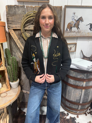 Bronc Rider Rodeo Embroidered Cardigan-Black - Barbwire n Bougie Boutique