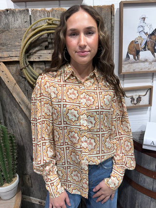 Bronco Tile Sheer Button Down Top - Barbwire n Bougie Boutique