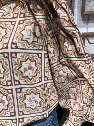 Bronco Tile Sheer Button Down Top - Barbwire n Bougie Boutique
