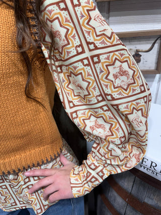 Bronco Tile Sheer Button Down Top - Barbwire n Bougie Boutique