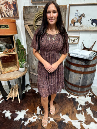 Bronzed Bloom Dress for Women | Western Tooled Print Flutter Sleeve Dress - Barbwire n Bougie Boutique