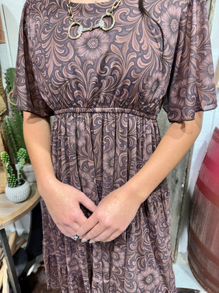 Bronzed Bloom Dress for Women | Western Tooled Print Flutter Sleeve Dress - Barbwire n Bougie Boutique