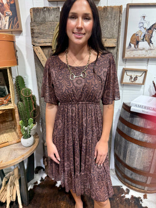 Bronzed Bloom Dress for Women | Western Tooled Print Flutter Sleeve Dress - Barbwire n Bougie Boutique