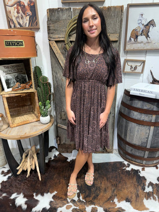Bronzed Bloom Dress for Women | Western Tooled Print Flutter Sleeve Dress - Barbwire n Bougie Boutique