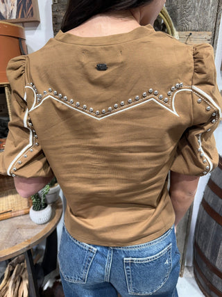 Brown Studded Western Puff Sleeve Top - Barbwire n Bougie Boutique